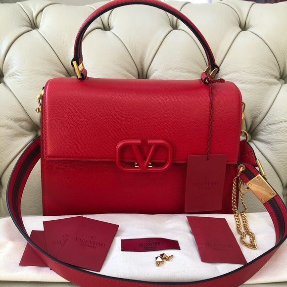 New Valentino VSLING Lipstick Red Leather Bag Satchel Medium Rockstud Perfect - Picture 2 of 16